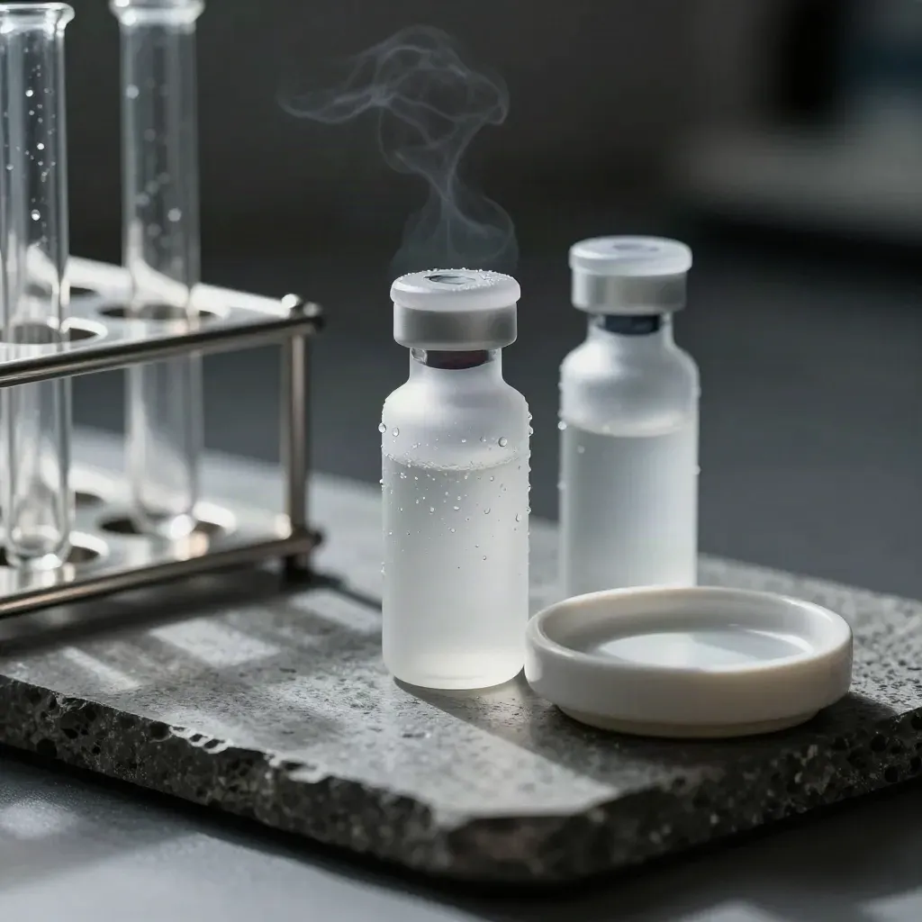 Frosted lab vials in a steel rack beside a ceramic dish on brushed stone.