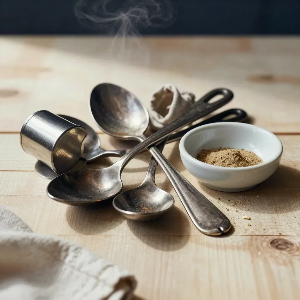 Cast-iron tasting spoons, steel tamper, linen ring and ceramic bowl on pale wood with steam