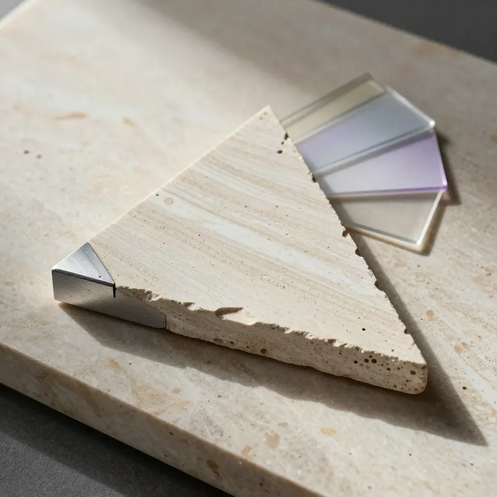 Stone, aluminum, and clear material swatches arranged in a triangle on travertine.