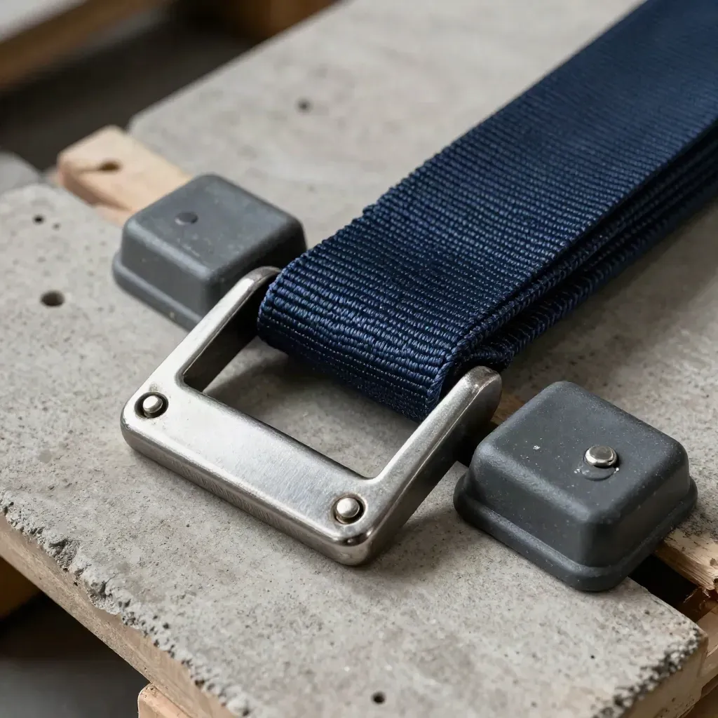 Macro of cargo buckle, pallet guards, and navy strap on dusty concrete