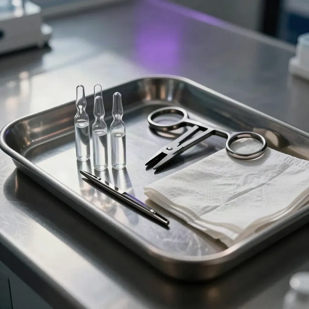 Sterile lab still life with ampoules, clamp, tray, and folded wrap on pale concrete.