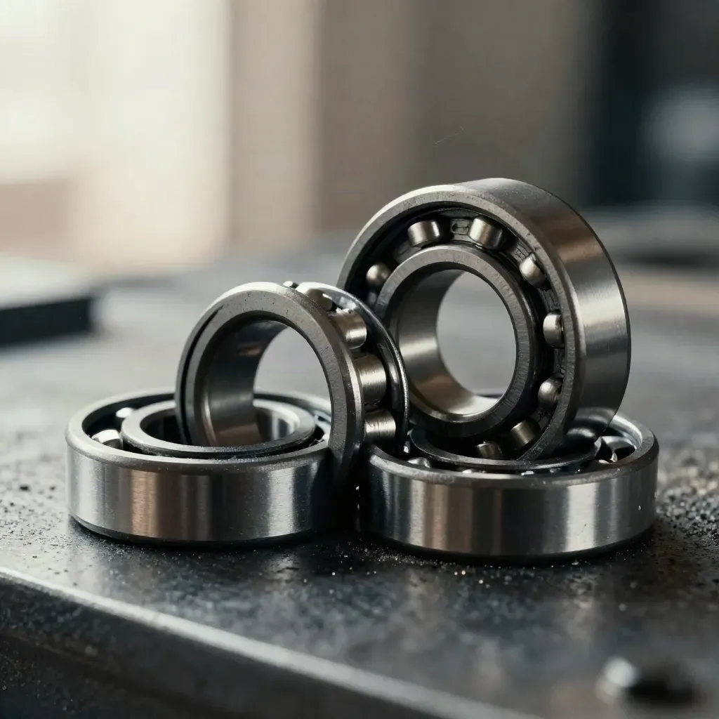 Machined bearings and spacer rings clustered on blackened steel with silver dust and graphite texture