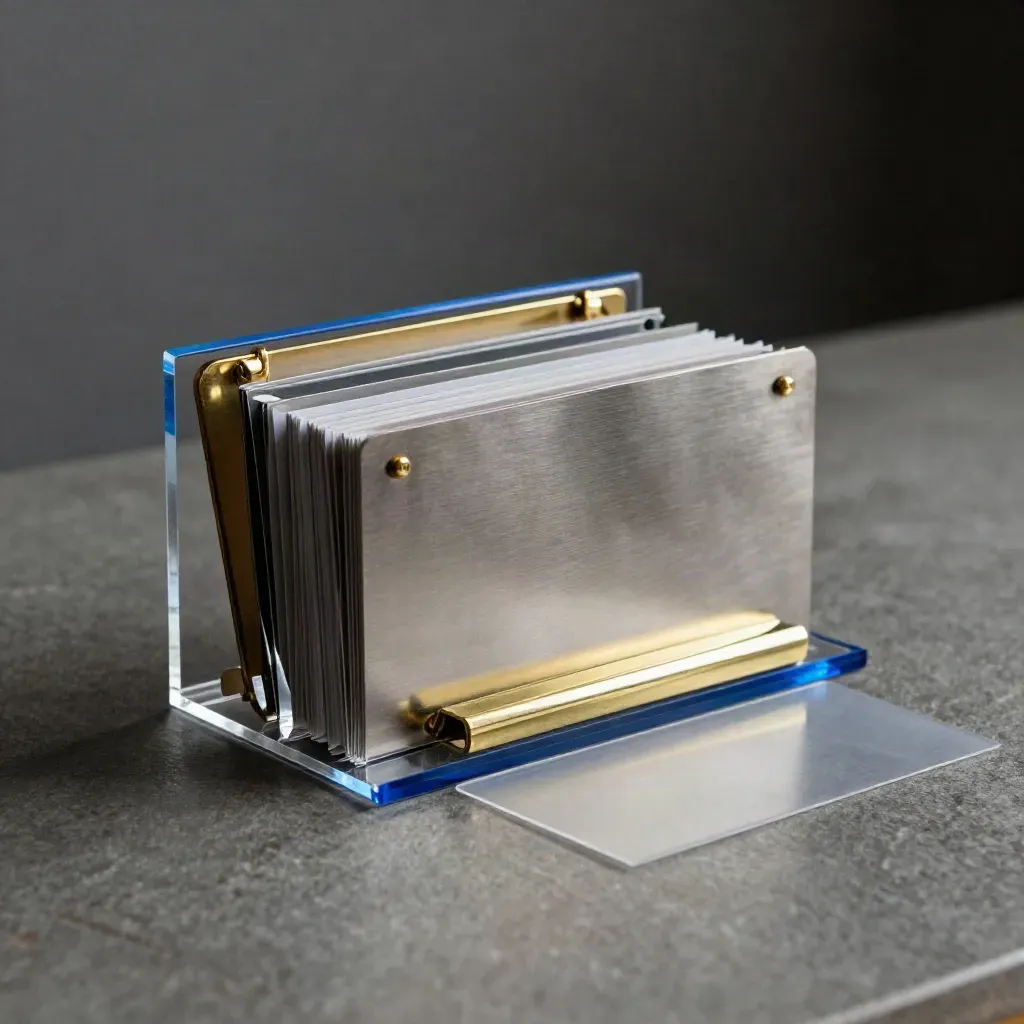 Open acrylic account index block with brass clips and brushed-metal dividers on graphite stone.