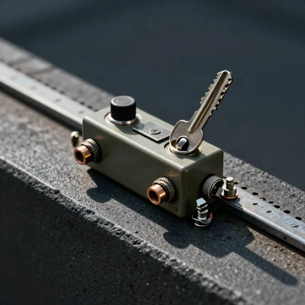 Twin-lever relay module with cable ends and a toggle plate on dark concrete.
