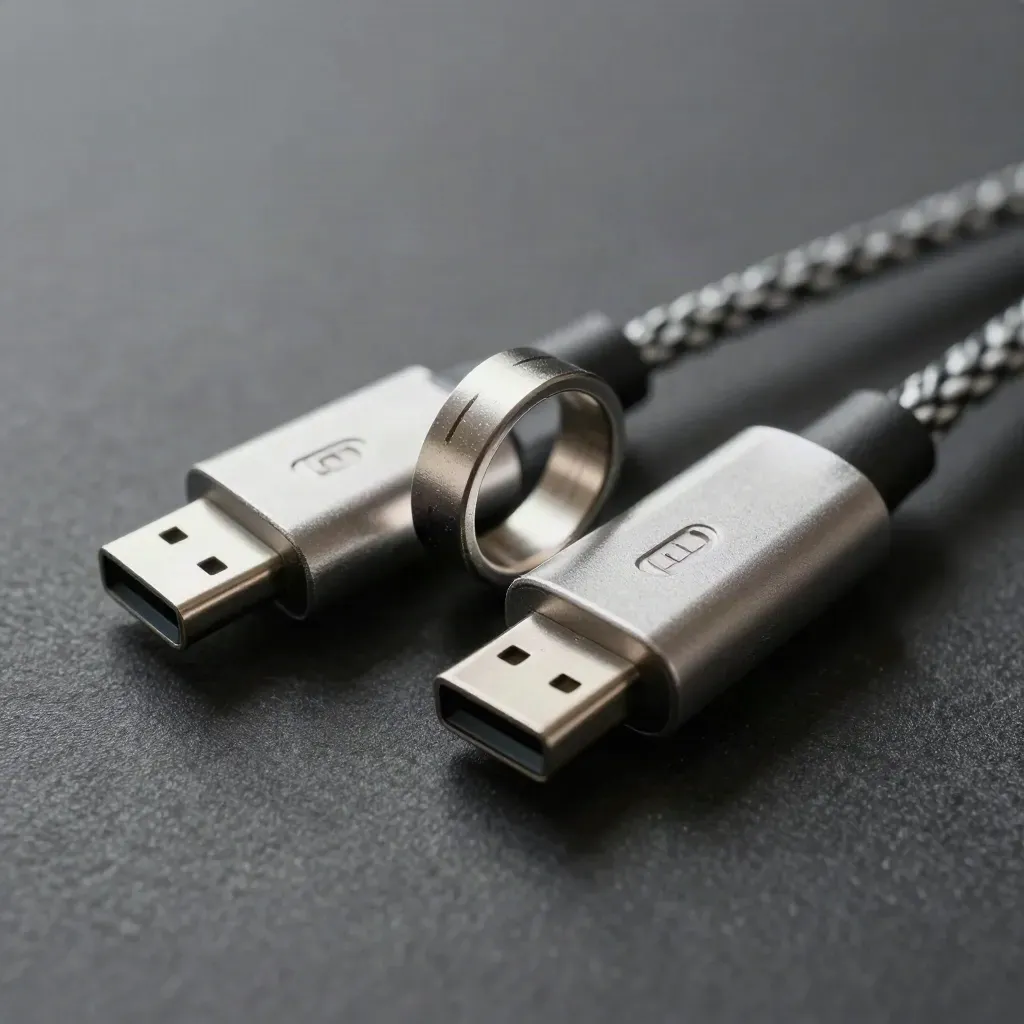 Macro of USB-C adapters and a coupling ring on dark graphite felt, lit with raking silver light.