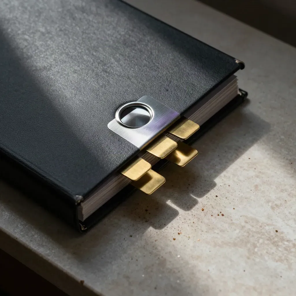 Closed charcoal binder with steel paperweight and brass tabs on pale stone, lit from upper left.