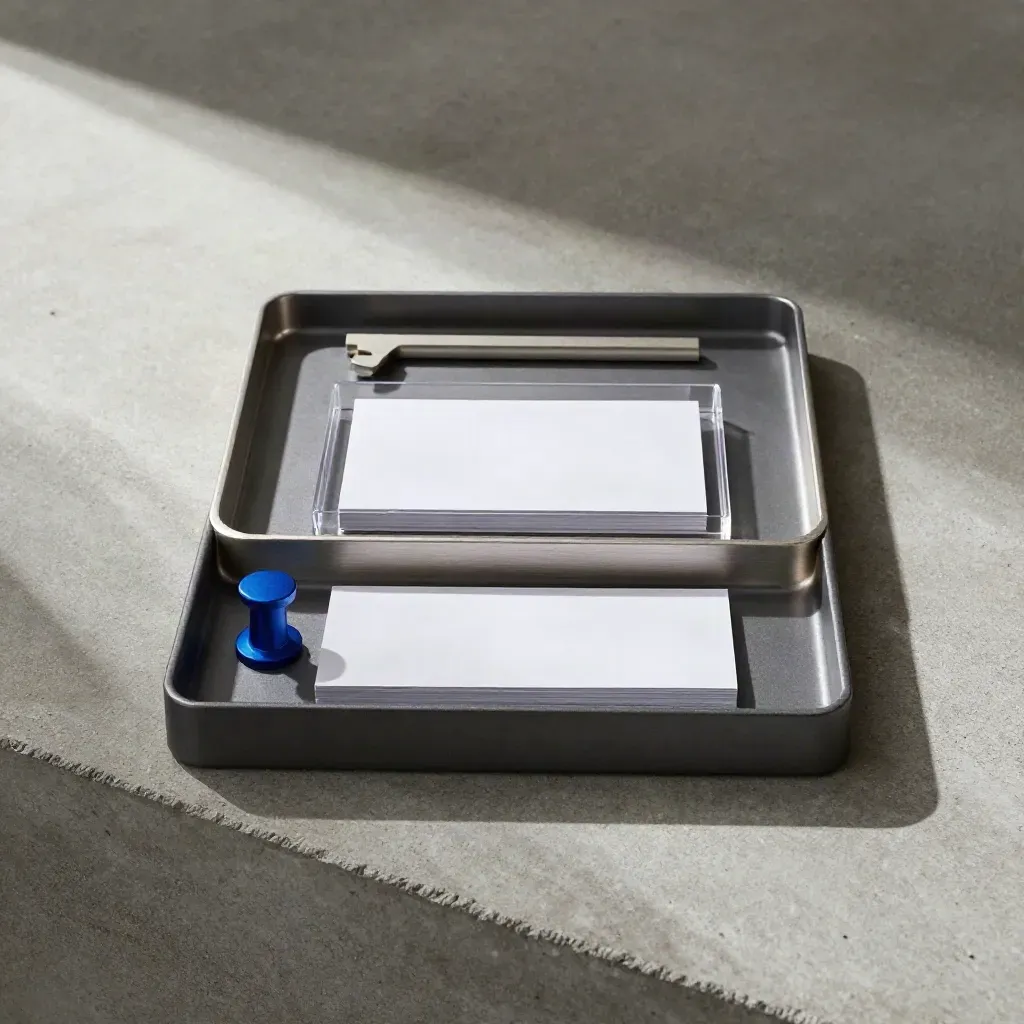 Top-down modular trays with three blank cards and a blue peg on a concrete slab.