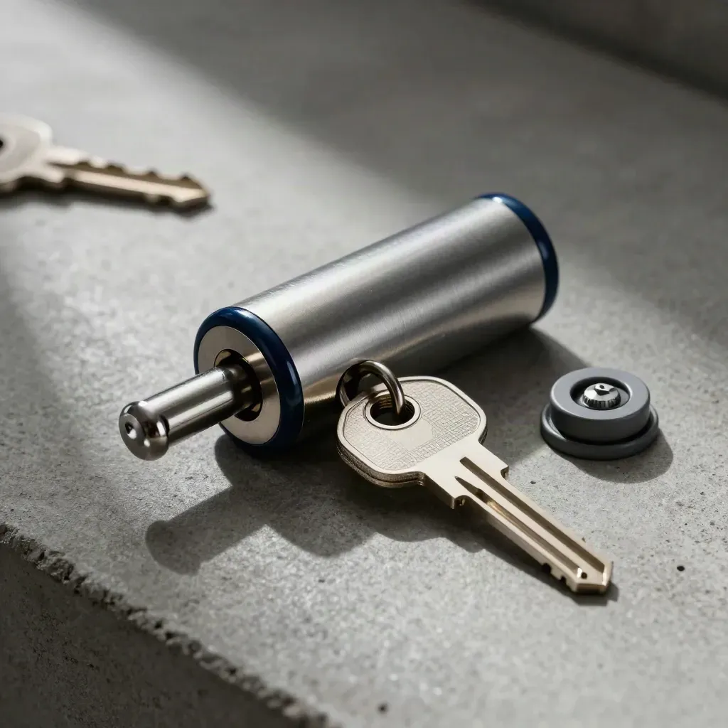 Lock cylinder, master key blank and toggle plate on brushed steel in dramatic studio light.