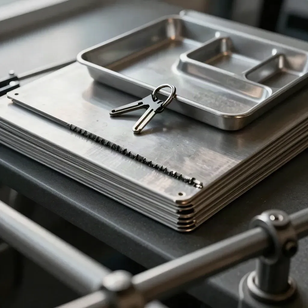 Brushed clipboard stack, routing tray, and keyring on a graphite ledge seen through a blurred rail.