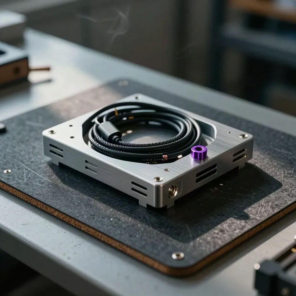 Dev-kit enclosure parts and braided cable on a moody electronics bench