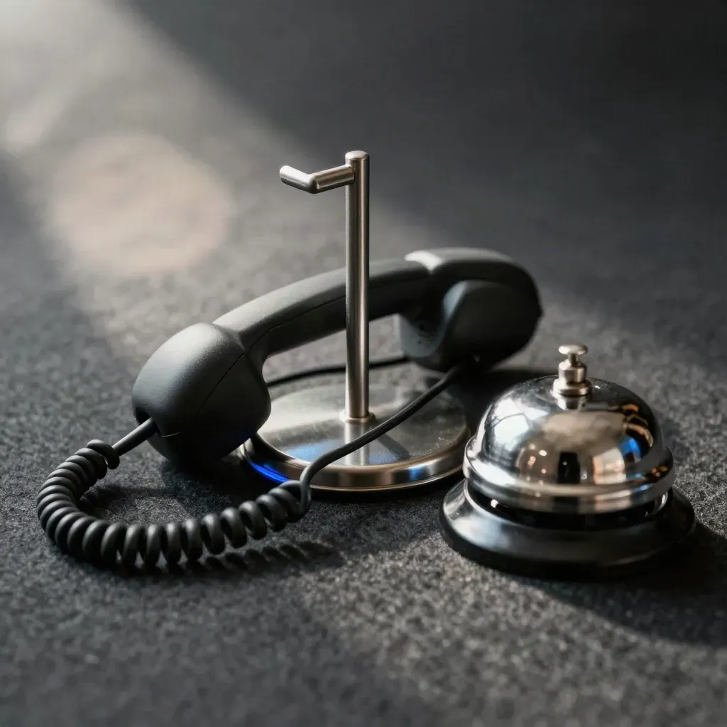 Macro still life of support tools on dark felt: headset stand, handset and ticket bell.