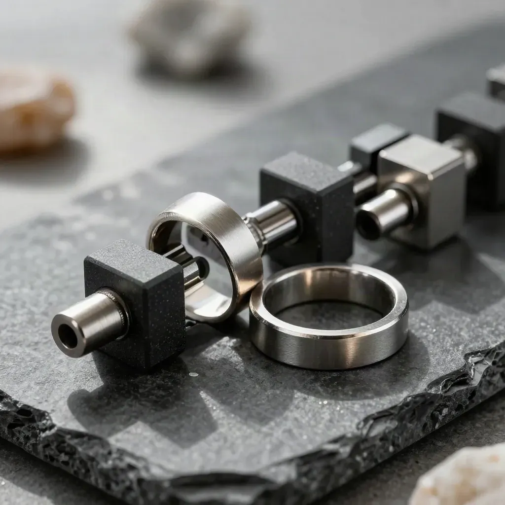 Macro still life of linked machined rings and connectors on graphite stone with metallic haze.