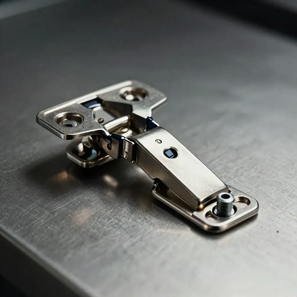 Precision hinge assembly and metal brackets on brushed steel with a navy accent