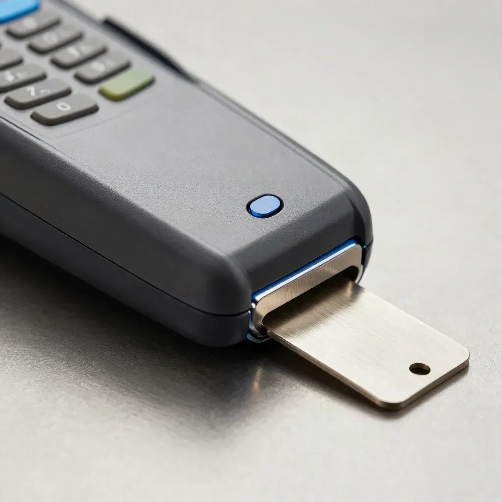 Macro still life of payment hardware on pale metal with blue accent and soft shadow.