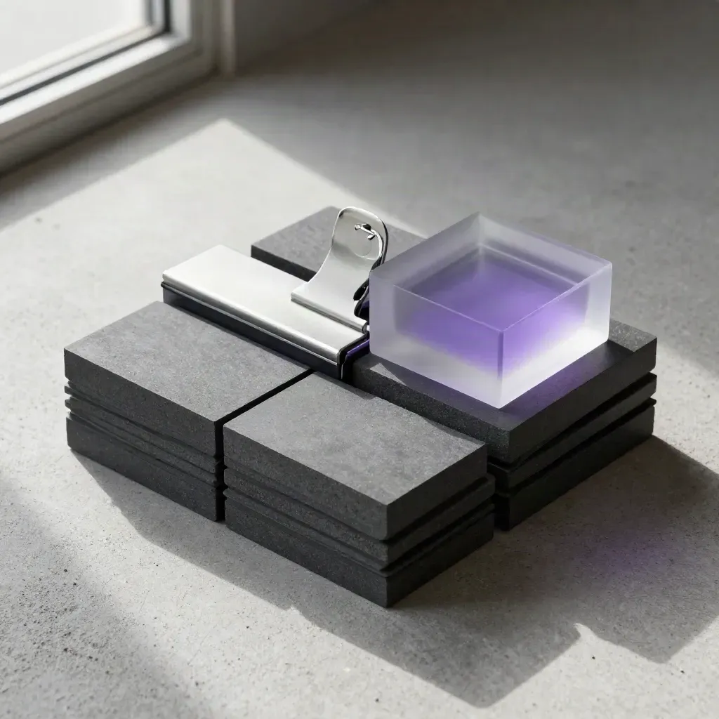 Matte graphite blocks, linking clip, and frosted glass paperweight on pale concrete